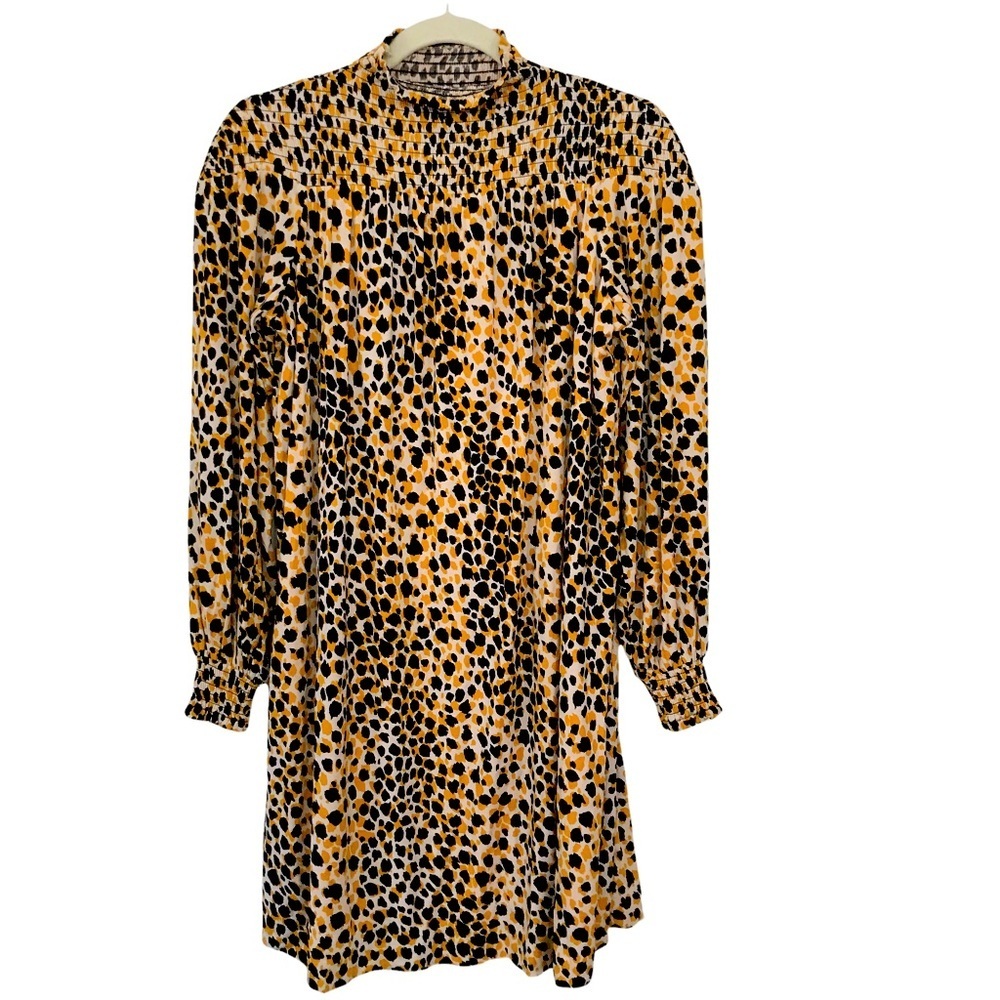 Ann Taylor mock neck smocked leopard print dress XS